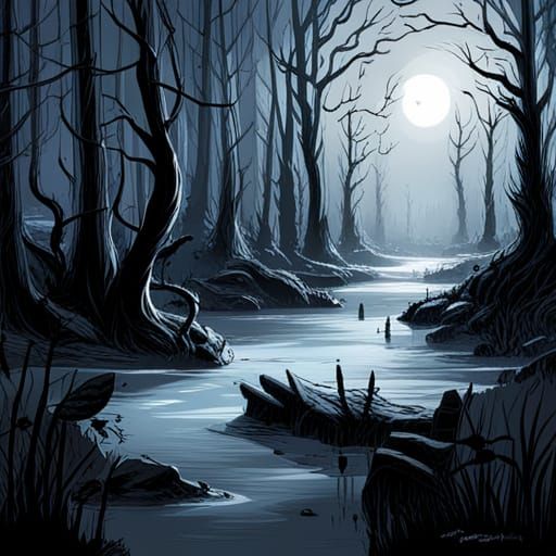 High Gothic Horror Swamp Under Starry Night