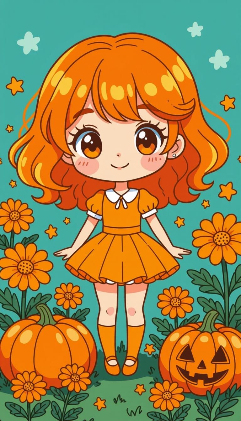 Orange-Themed Chibi Character in Playful Anime Style