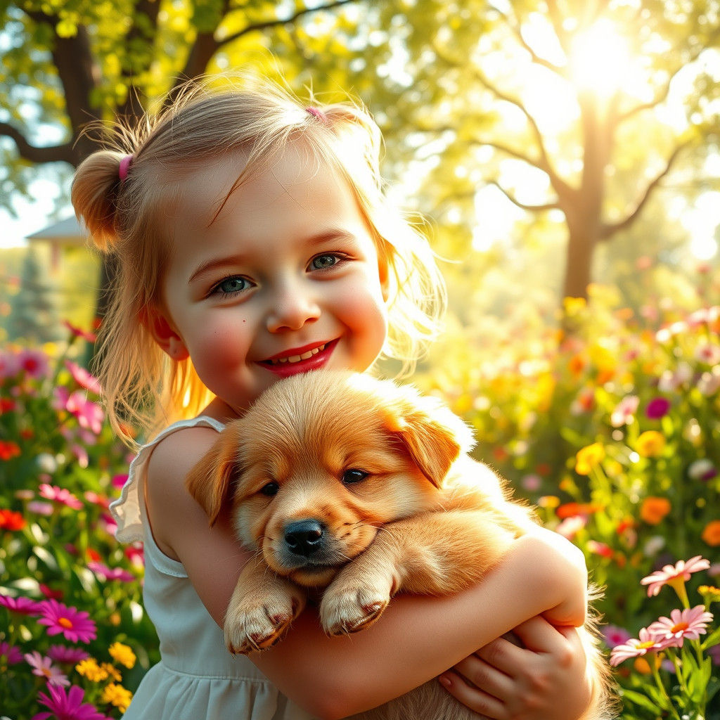 Girl with Puppy in Whimsical Garden