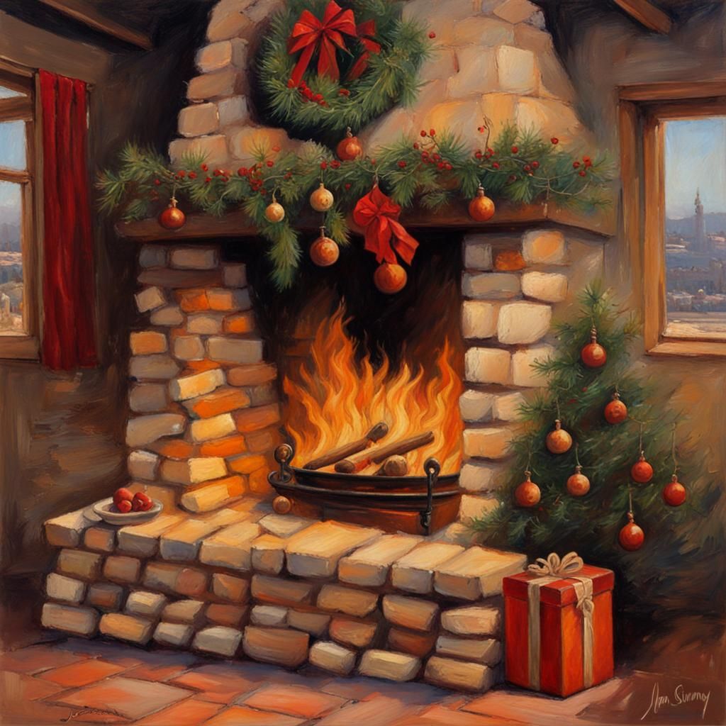 Cozy Christmas Fireplace Oil Painting