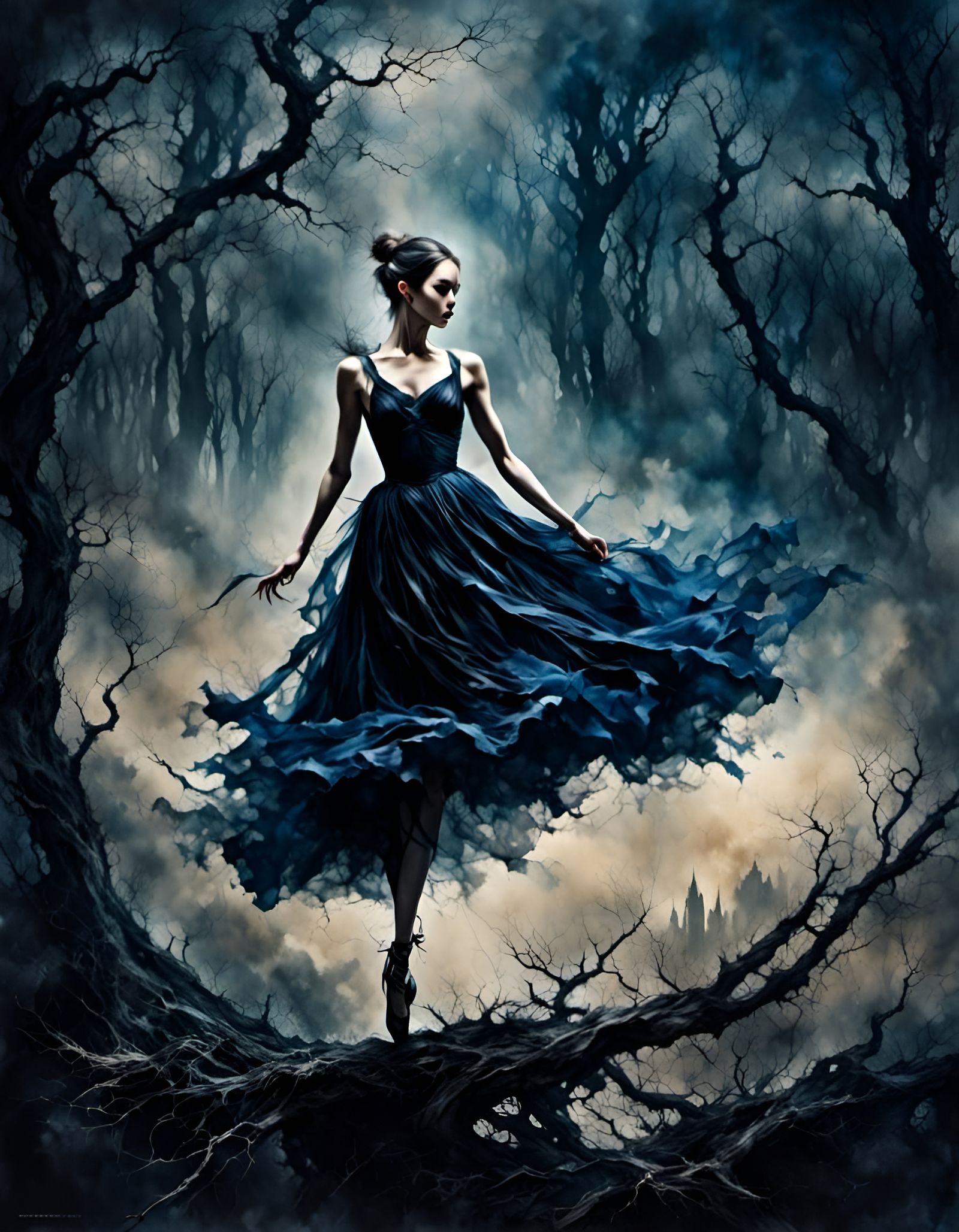 Gothic Ballerina in Dark Fantasy Landscape