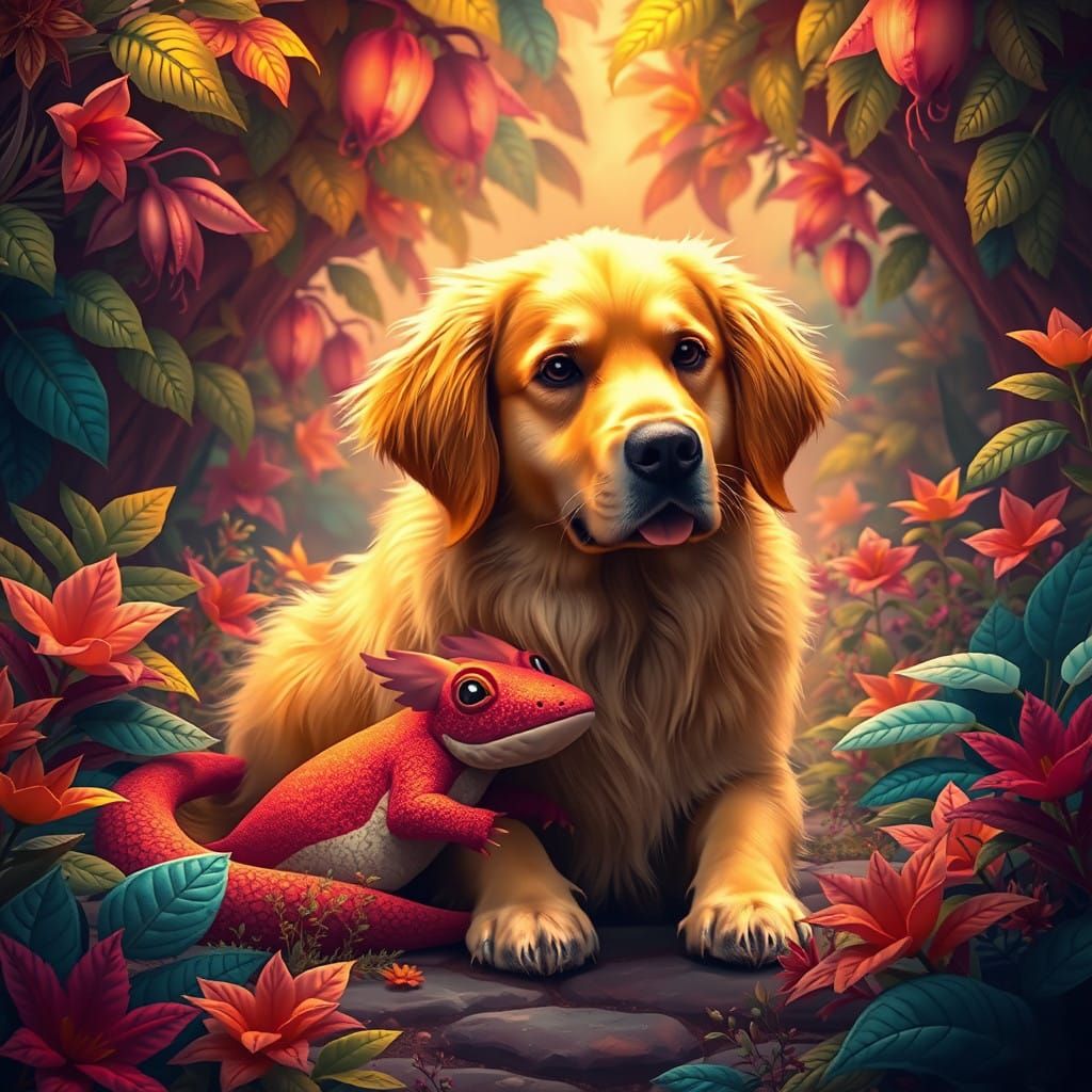 Golden Retriever Surrounded by Whimsical Fantasy Forest