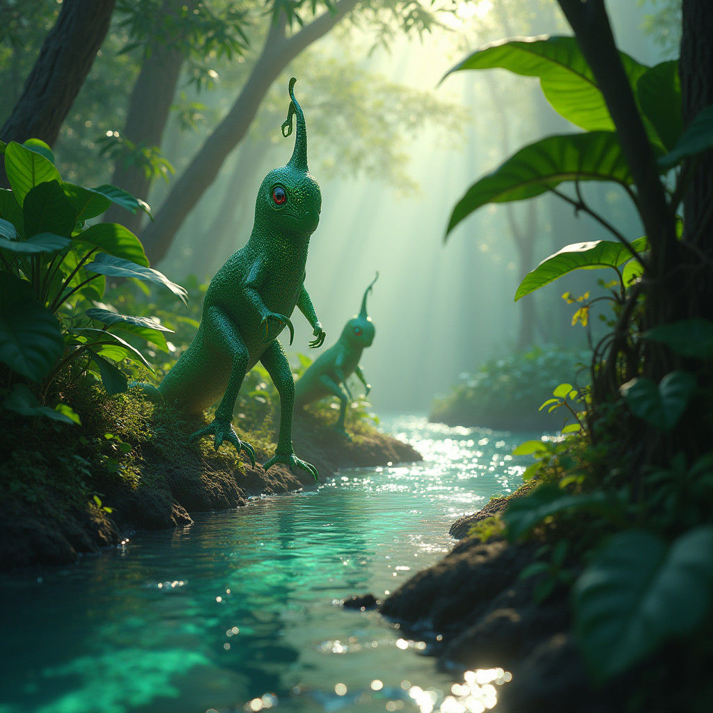 Iridescent Green Beans Strolling on Riverbank