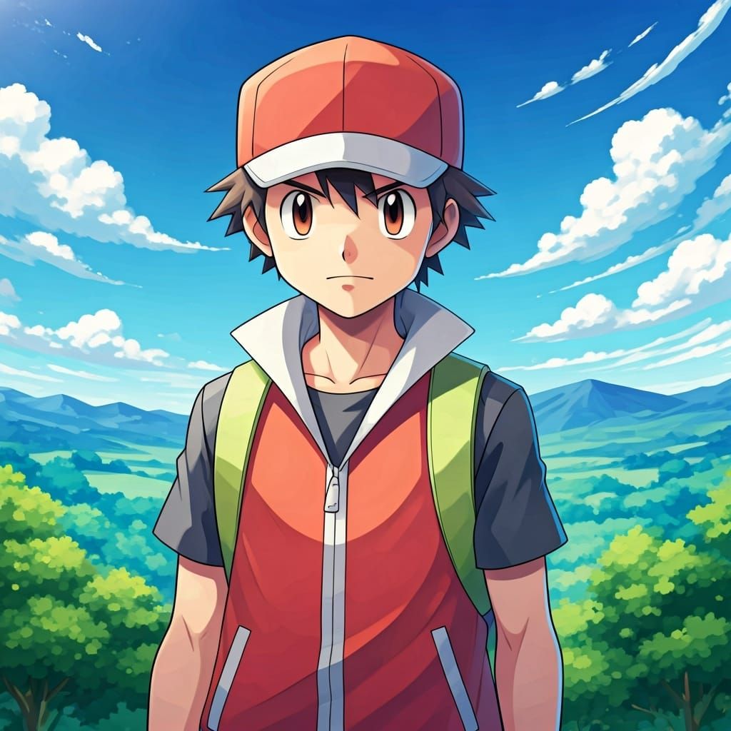 Pokemon Trainer Red in Vibrant Comic Book Style