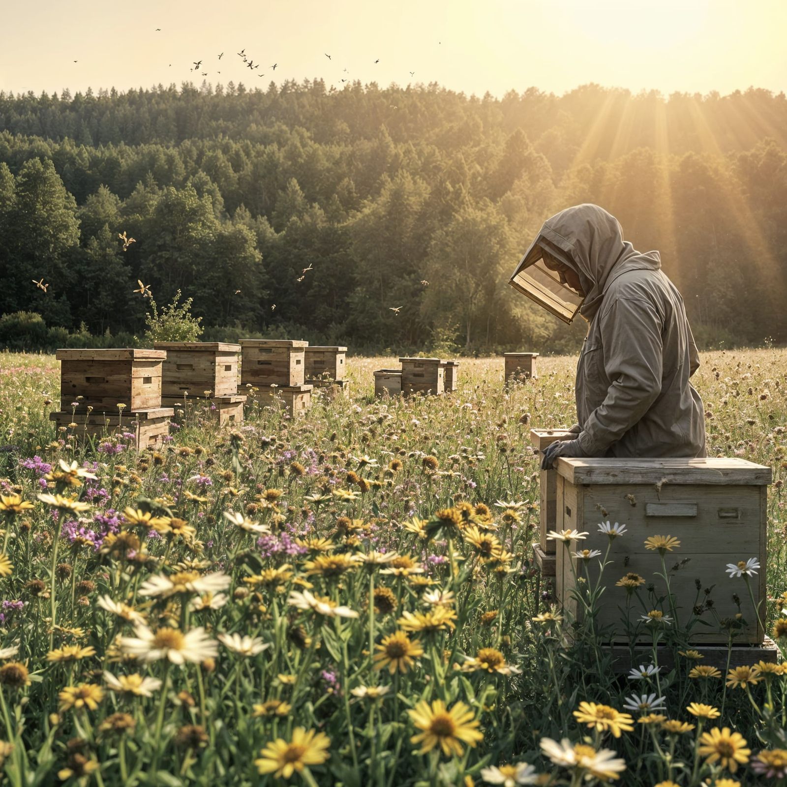 Beekeeper Inspects Vintage-Style Langstroth Hives Amidst Flo...