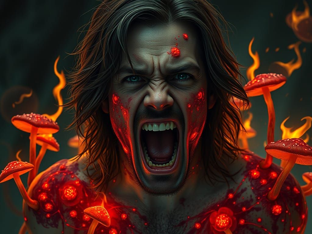 Man Consumed by Fungal Horror in Crimson Bloom