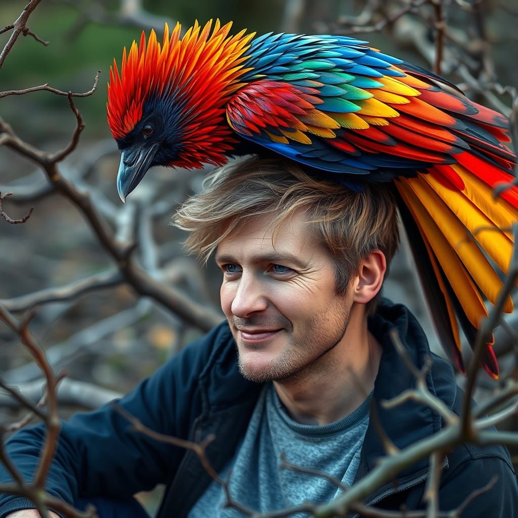 Rainbow Raven Lands on Man's Head: Photorealistic Image