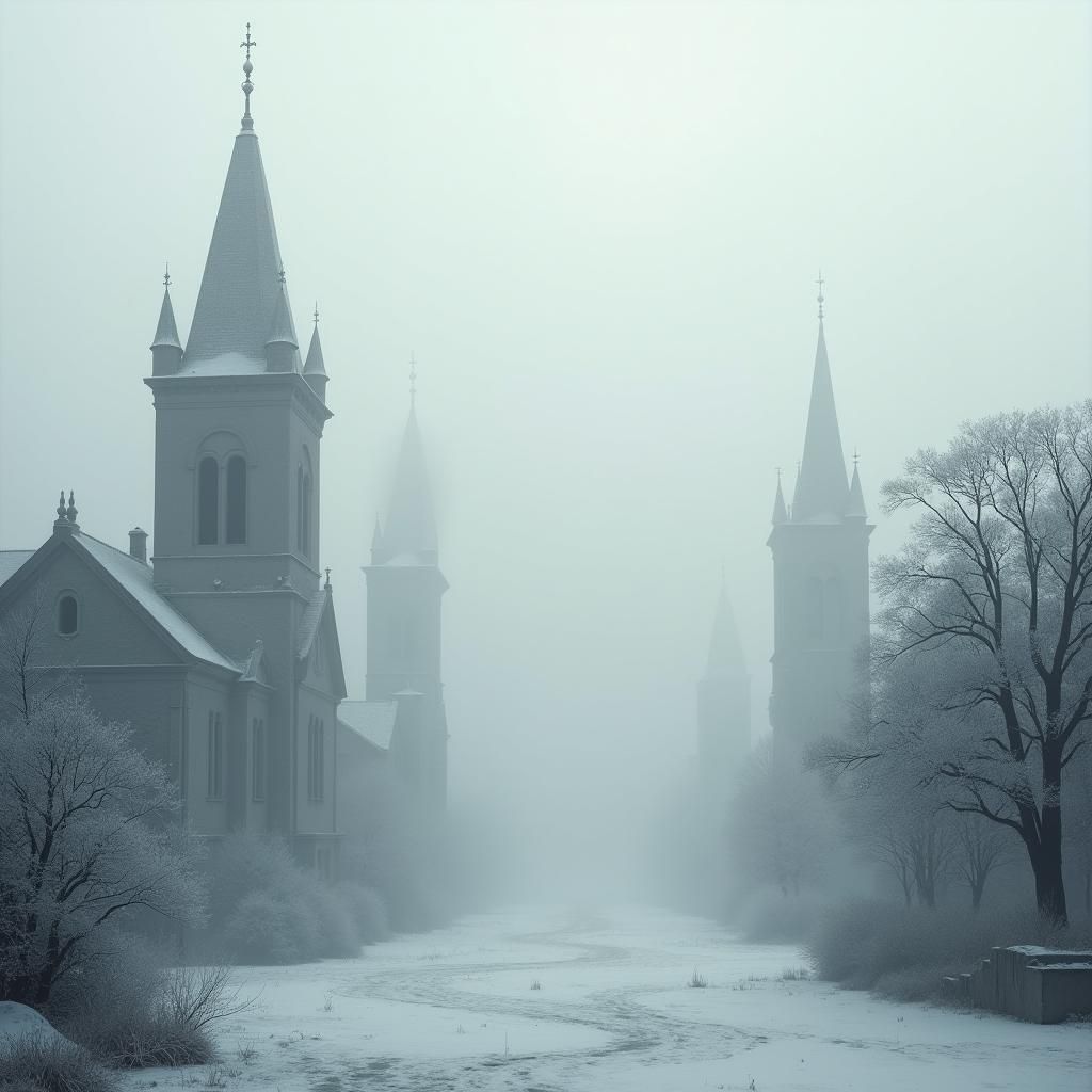 Monochrome Winter Cityscape in Oil Painting Style