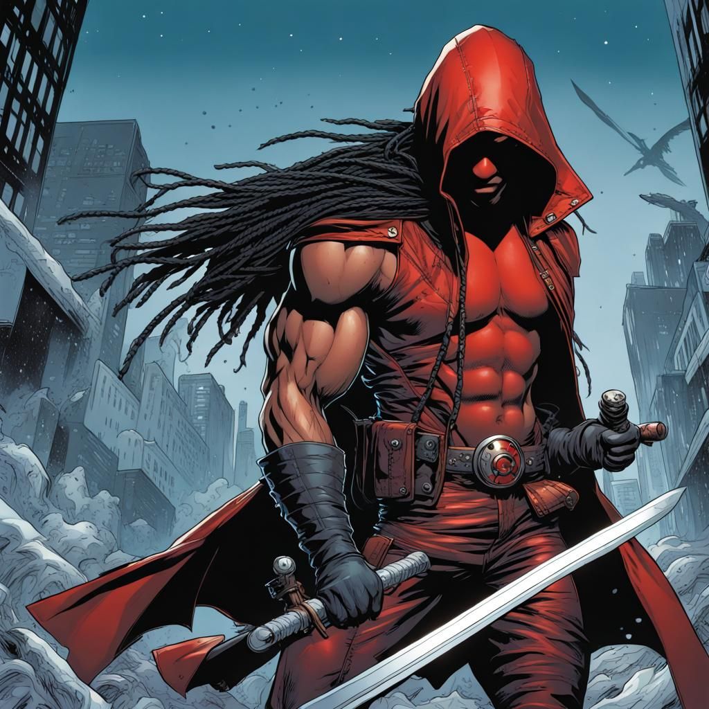 Red Hood with Katana in Comic Book Style