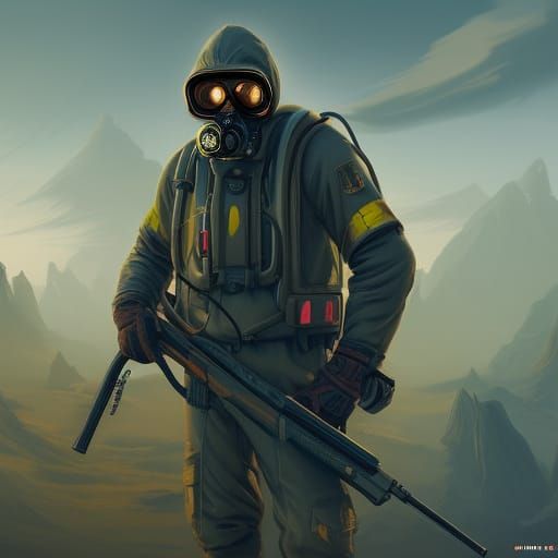 Man in Hazmat Suit with Shotgun: Detailed Matte Painting