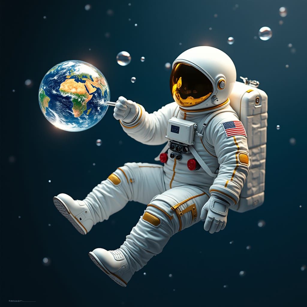 Astronaut Blowing Earth Bubbles in Space, Digital Art