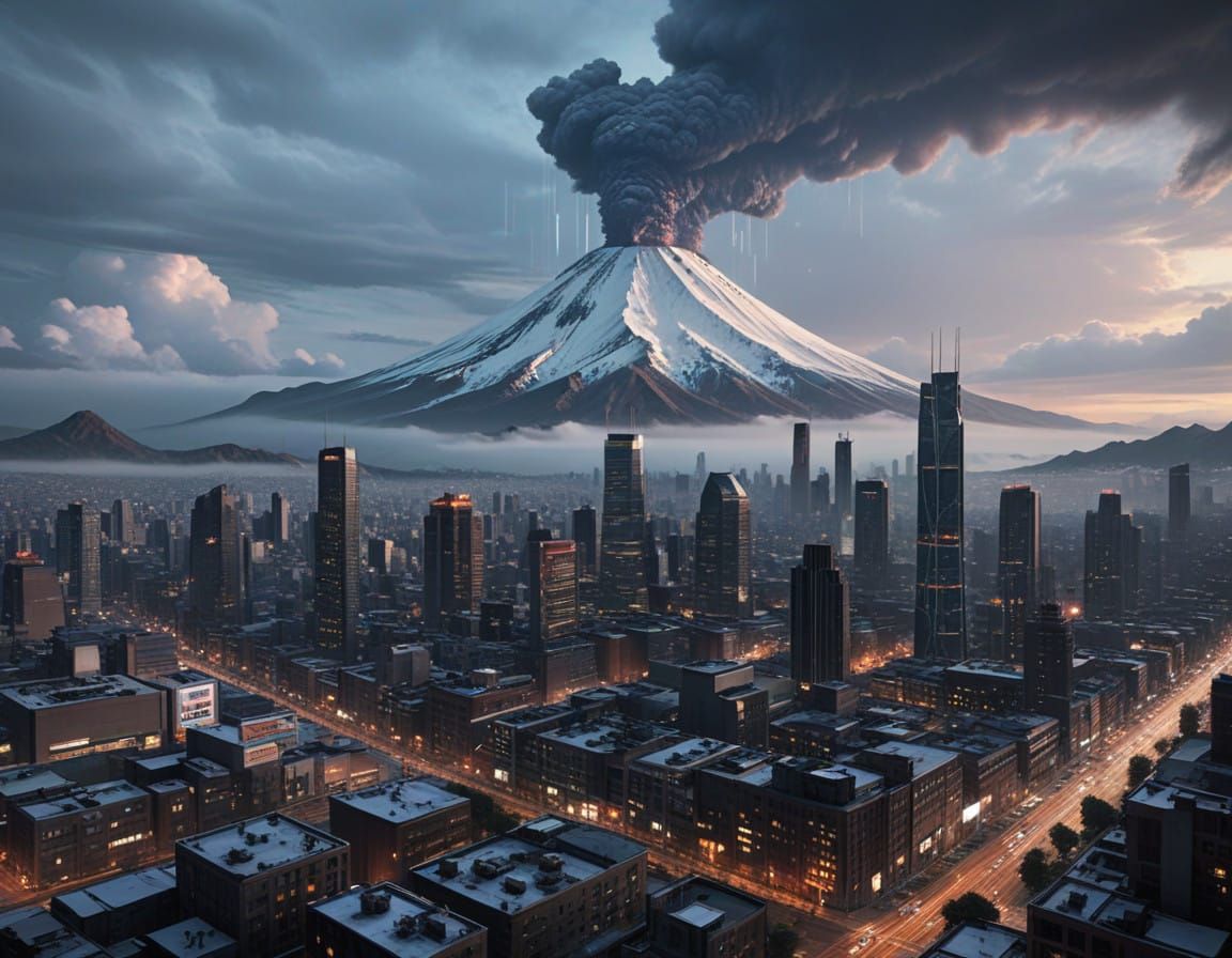 Modern Metropolis Landscape with Majestic Volcano in the Dis...