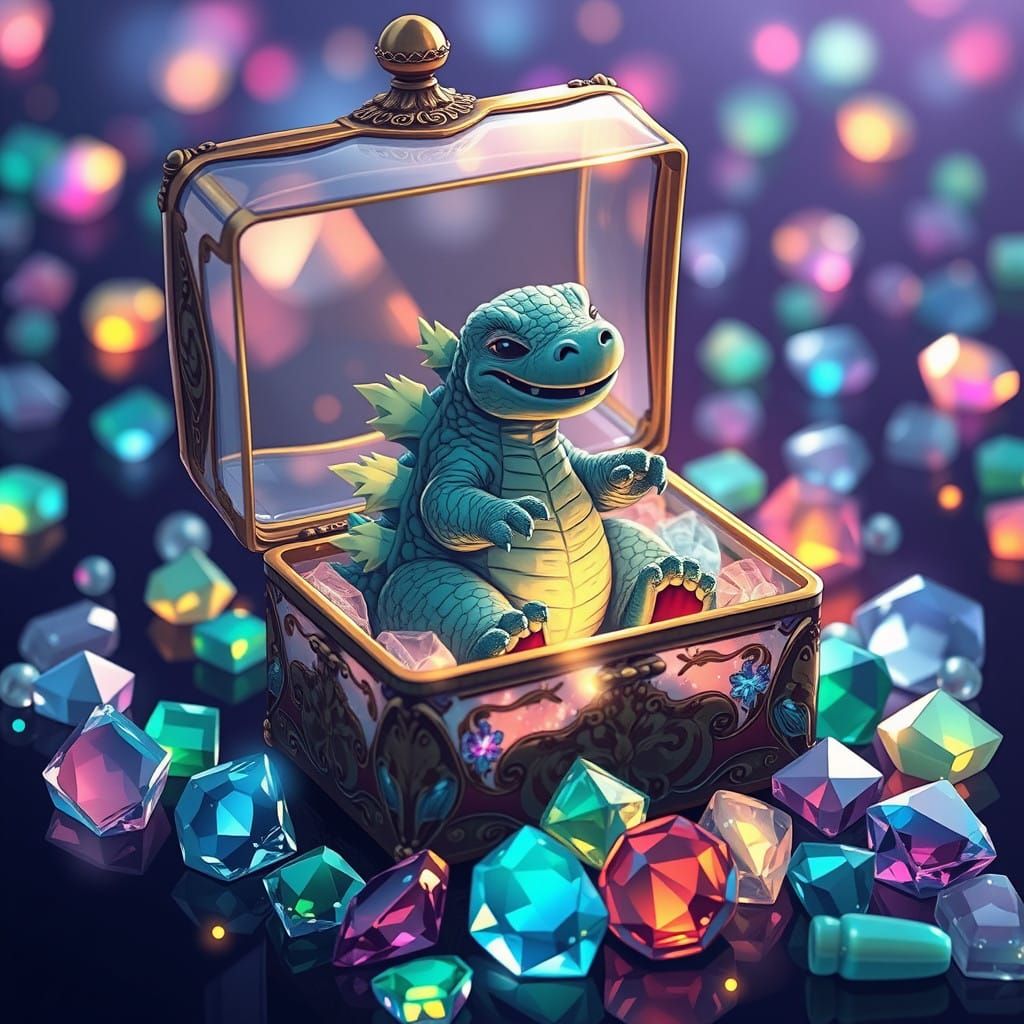 Miniature Godzilla in Glowing Glass Jewelry Box