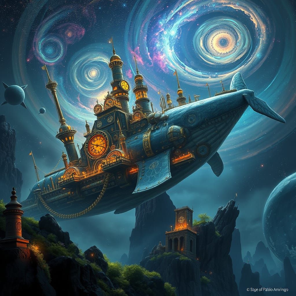 Steampunk City on Cosmic Whale in Void