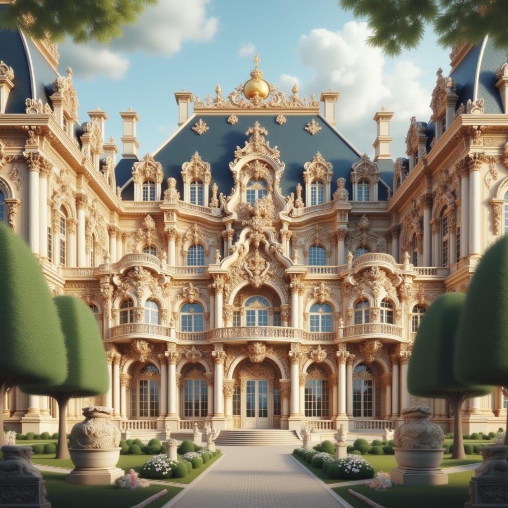 Sky view of exterior of palace of Versailles, a French Rococ...