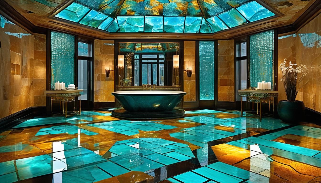 Geometric Roman Bathhouse with Turquoise Waterfalls