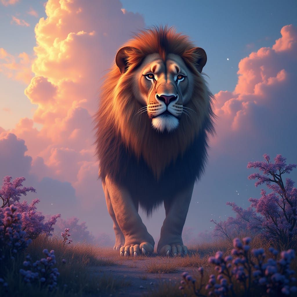 Majestic Lion in Dreamlike, Vibrant Landscape