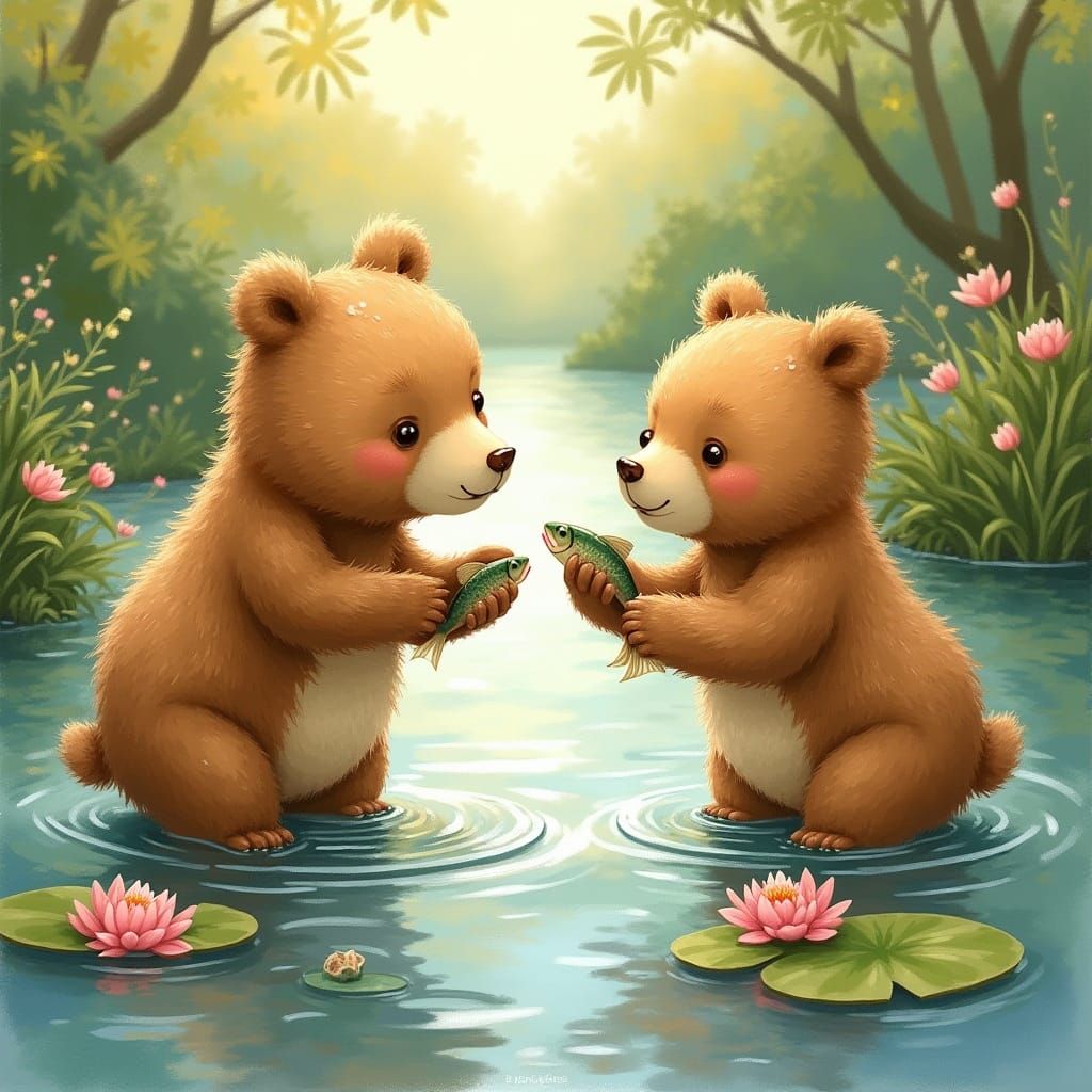 Cute Bears Catch Fish in a Serene River Landscape