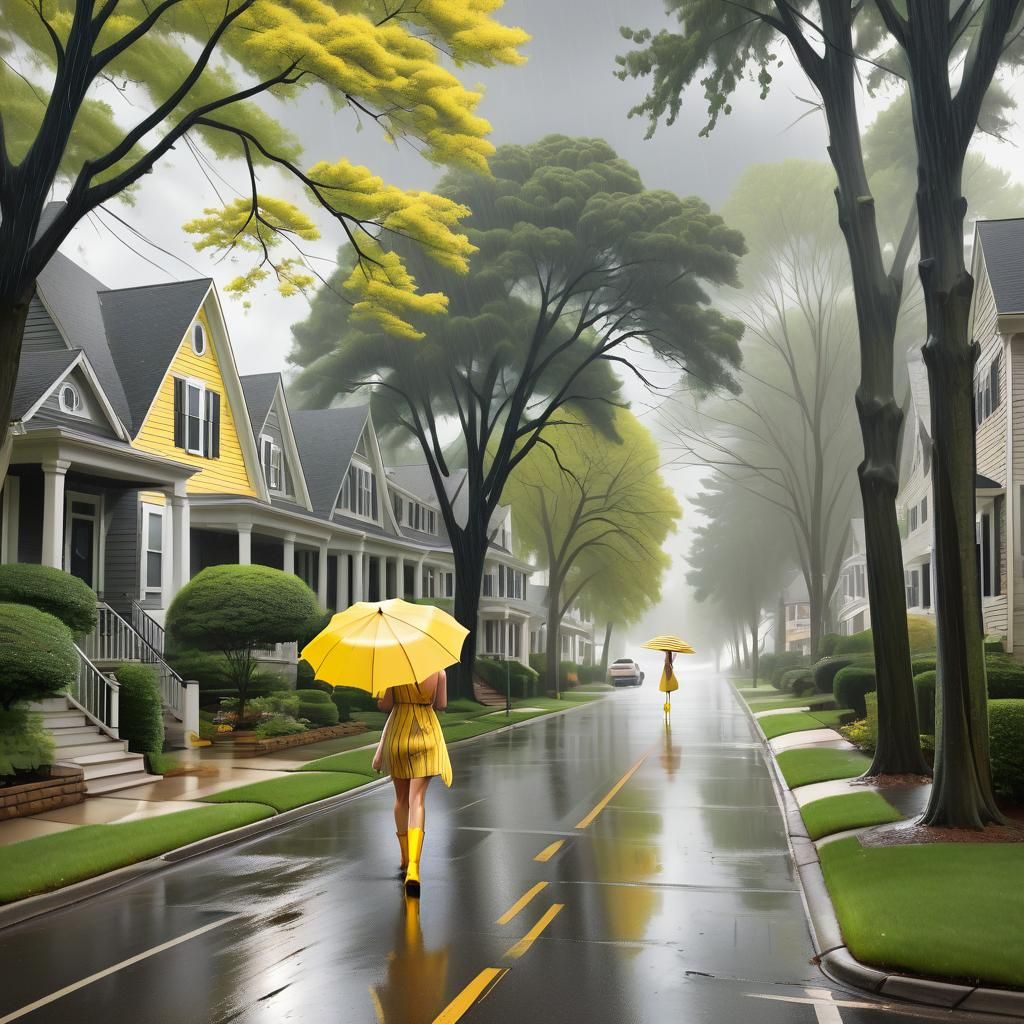 Woman in Yellow Dress Caught in Stormy Street