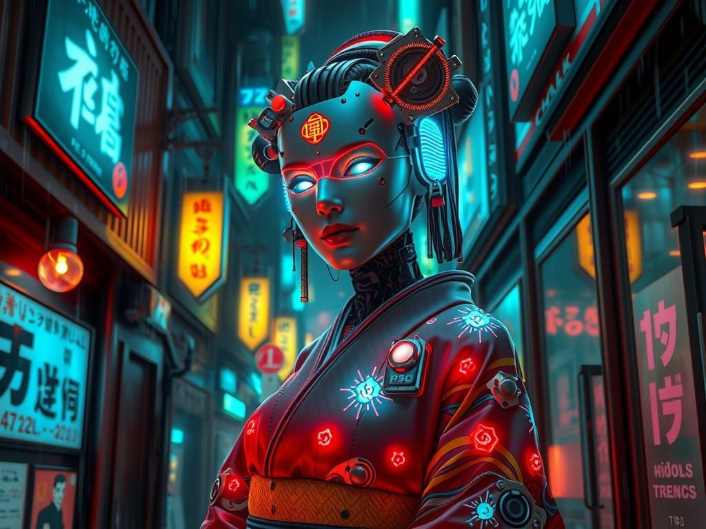Cybernetic Geisha in Neon Alleyway: Cyberpunk 3D Render