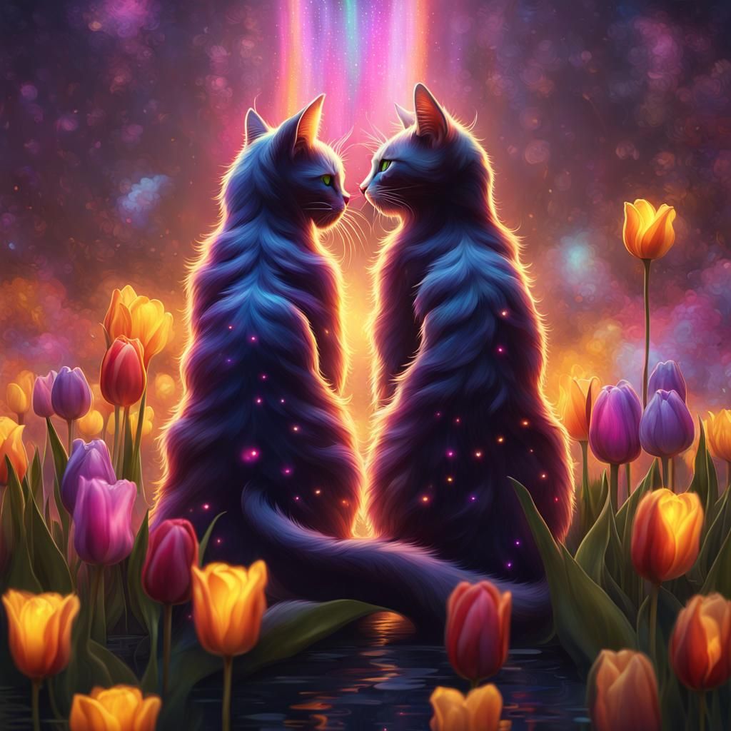 Romantic Cat Couple in Love: Dark Fantasy Art