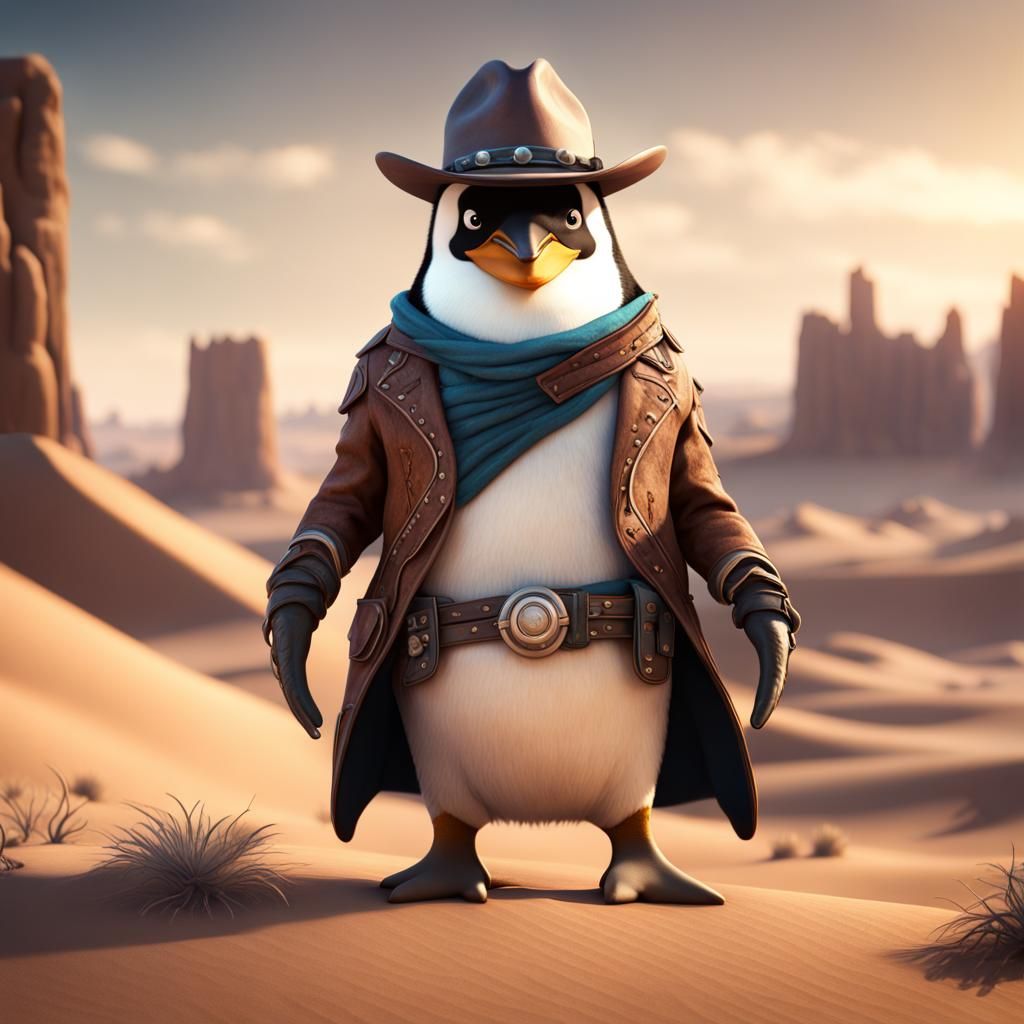 Cowboy Penguin in Desert: Fantasy Concept Art