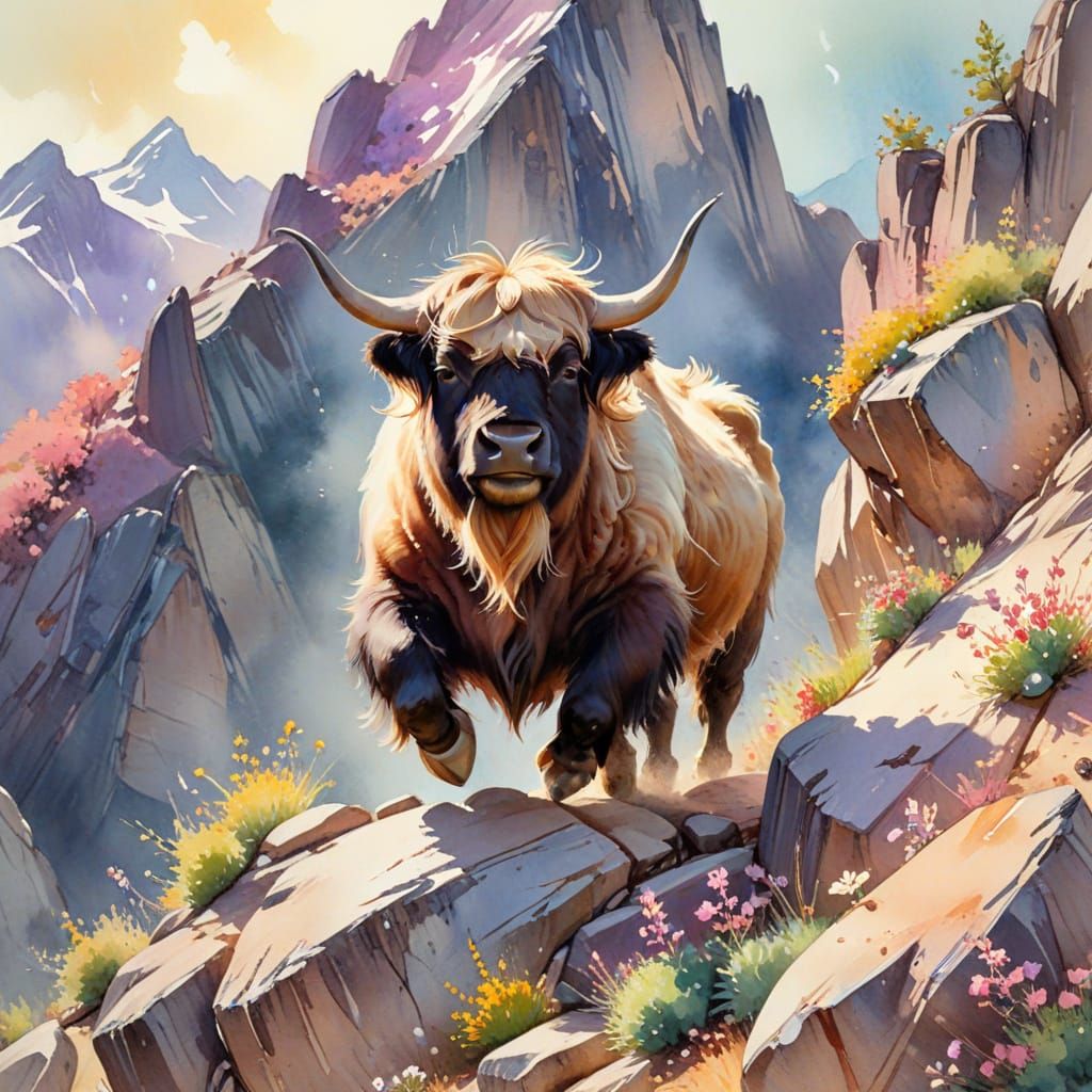 Yak Leaping Rocks in Spring Sunshine, Watercolor Style