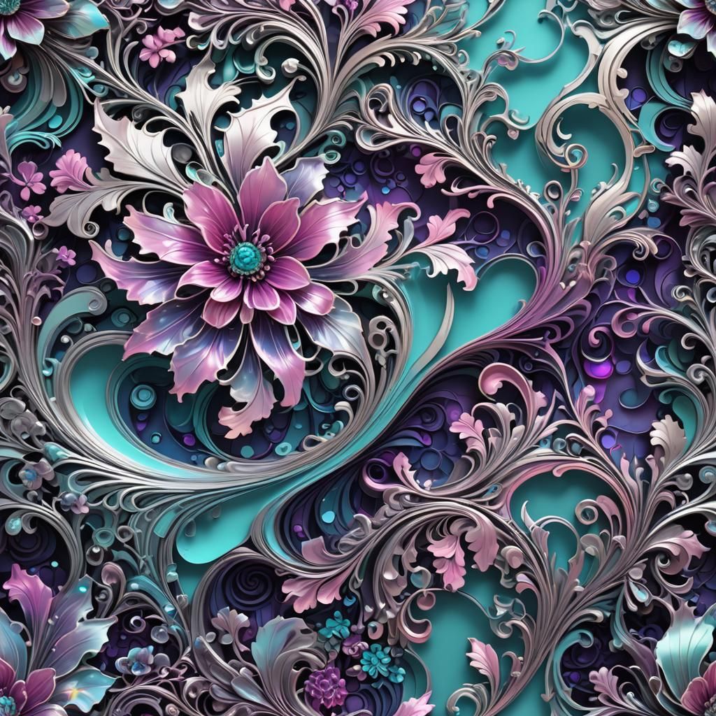 Holographic Filigree Floral Abstract Waves in Silver