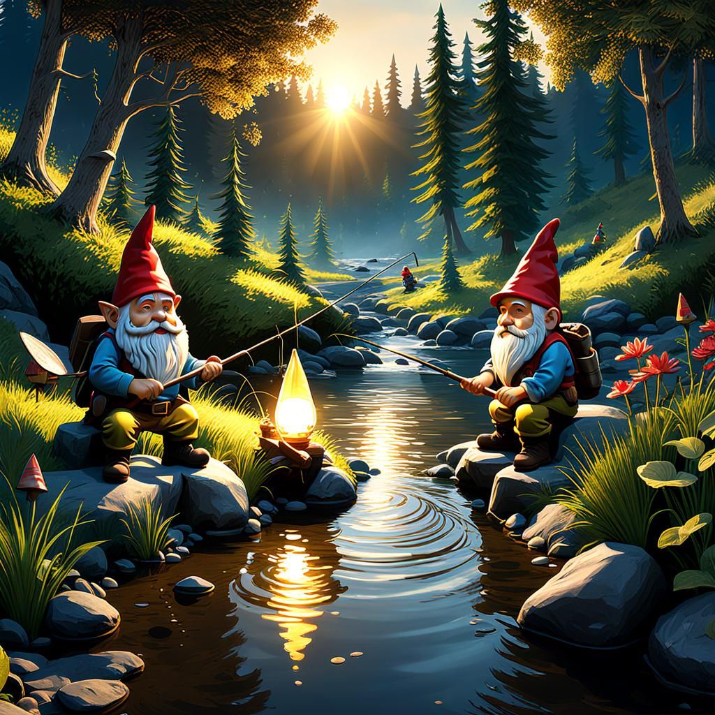 Gnomes Fishing in Creek: Hyperdetailed Concept Art