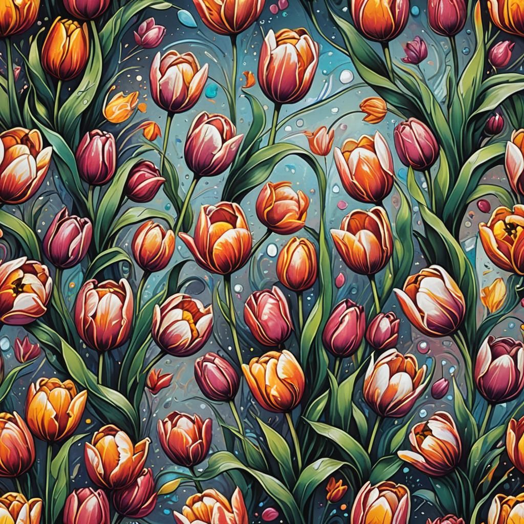 Art Nouveau Tulips in Graffiti Art Style