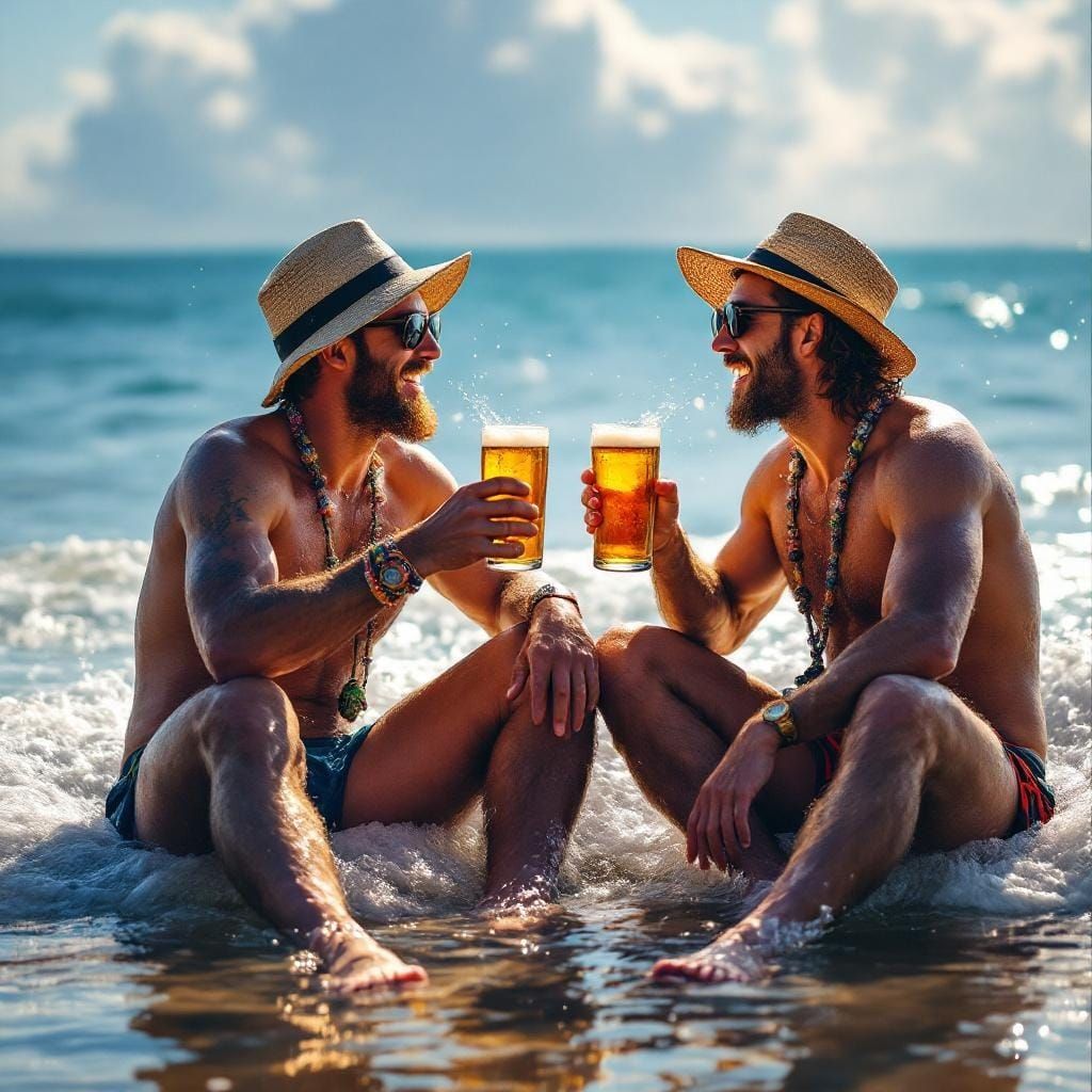 Men Enjoying Sunny Morning at the Beach