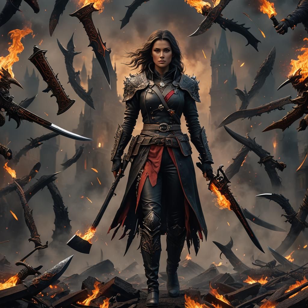 Dark-Haired Woman with Guns in Detailed Matte Painting