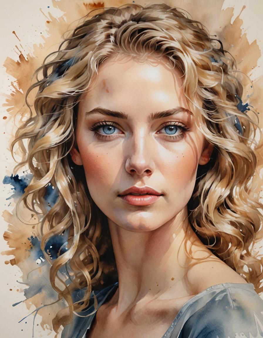 Realistic Portrait Painting of Young Woman with Watercolor A...