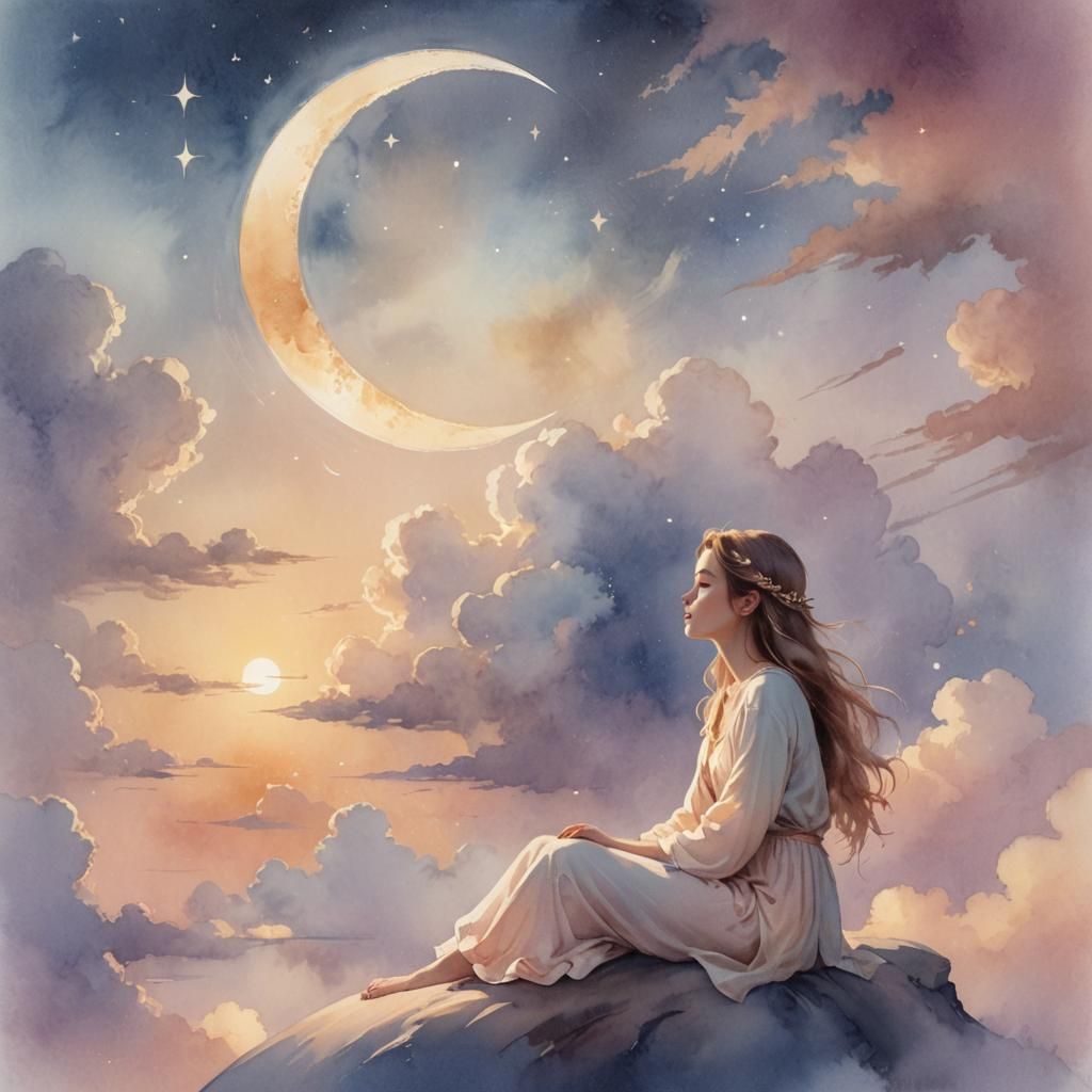 Girl on Crescent Moon in Watercolor Style