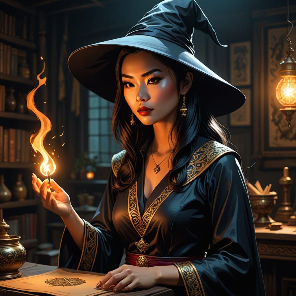 Thai Witch Casting Spell in Retro Comic Style