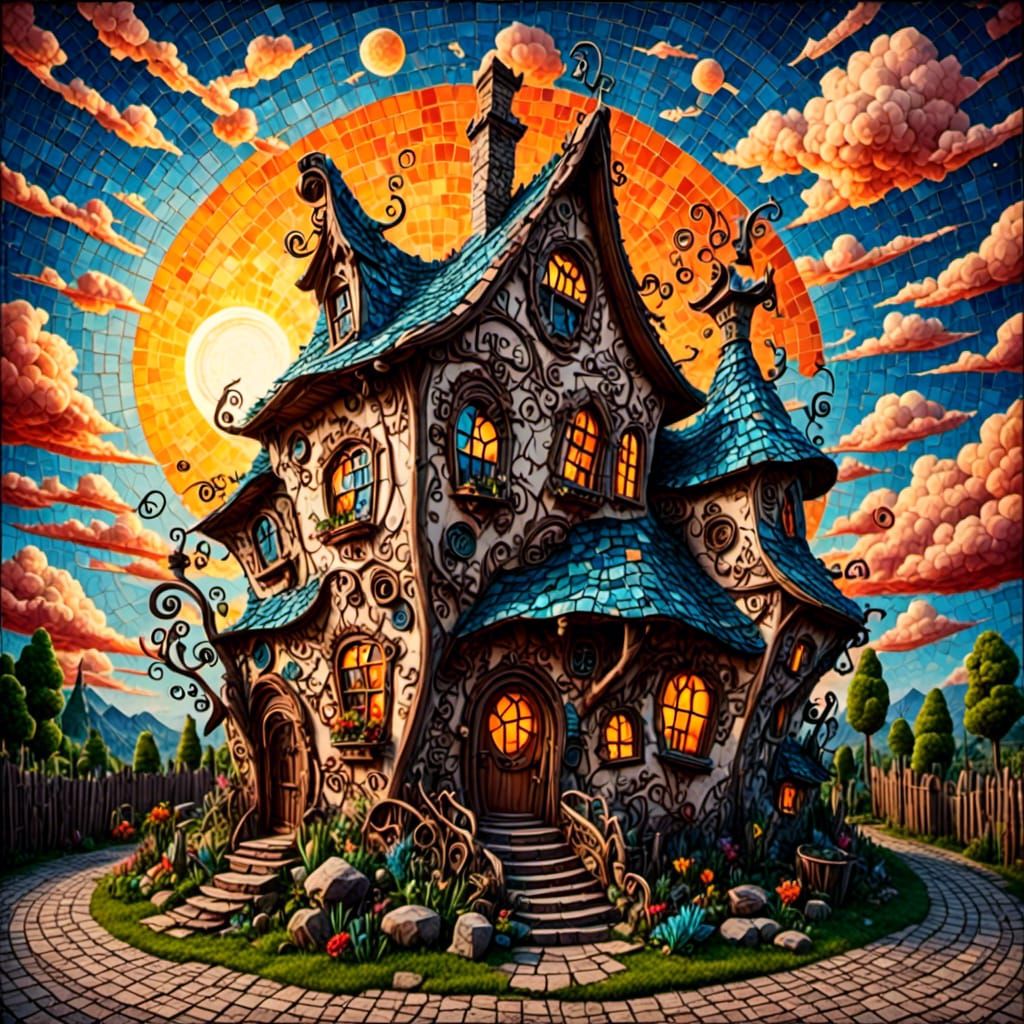 Whimsical Crooked House in Tiled Sunshine