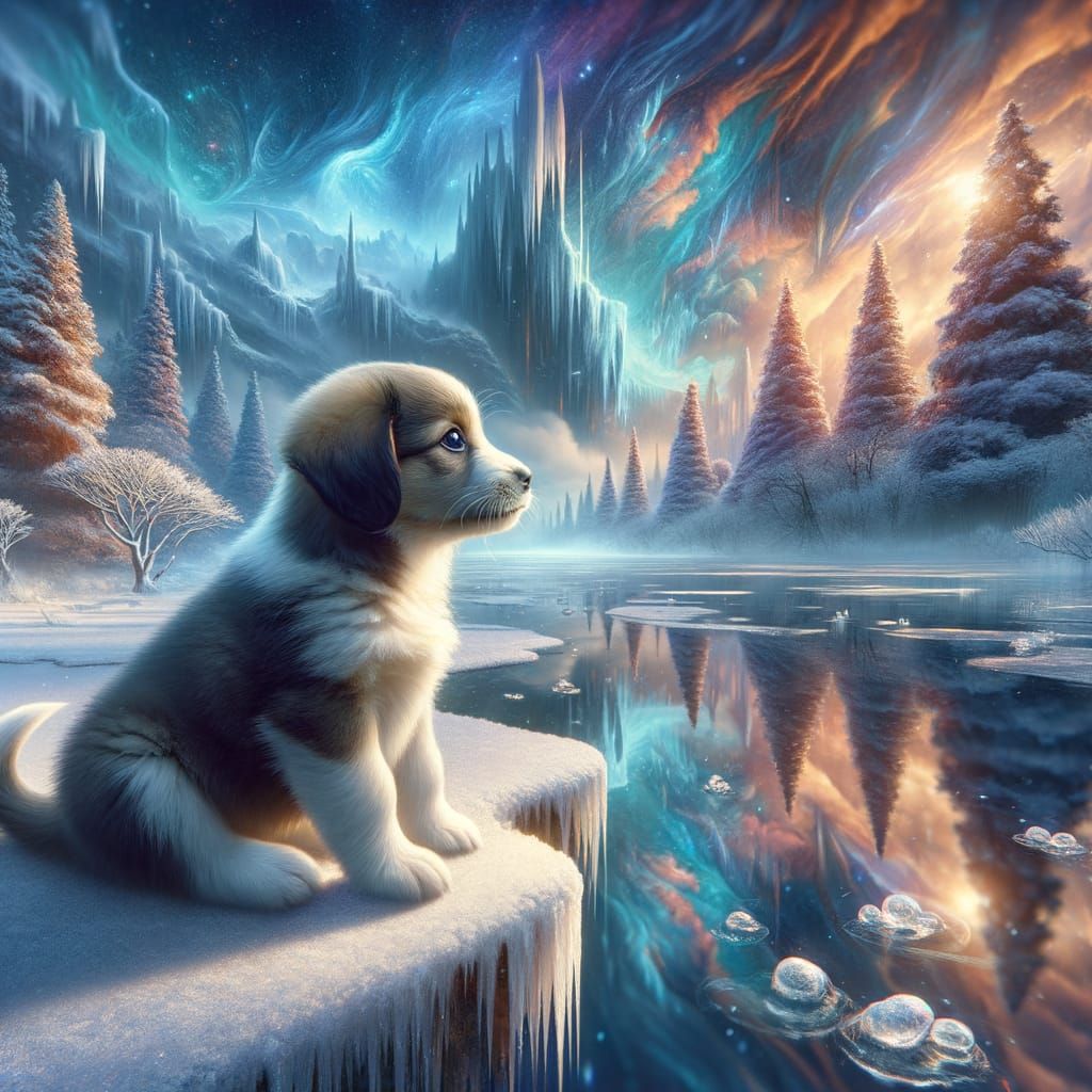 Fantasy Puppy Contemplates Winter Reflection in Pine Forest