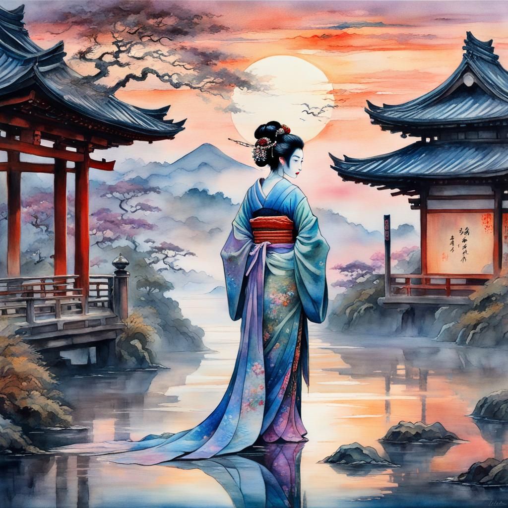 Misty Geisha Scene in Watercolor Style