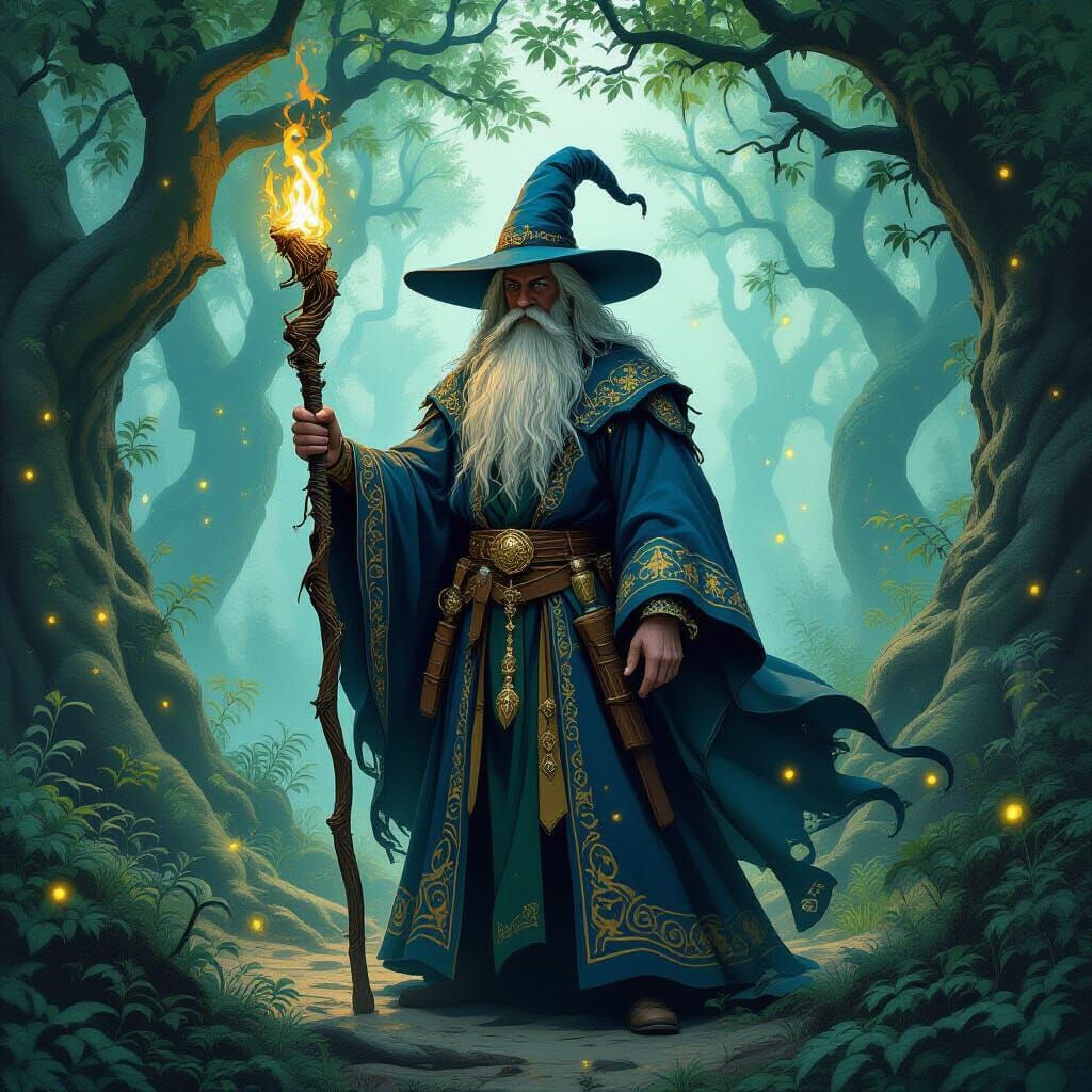 Wise Wizard in Mystical Forest with Staff