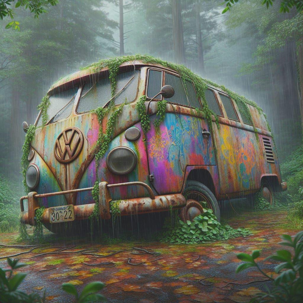 Rain-Drenched VW Van in Faded Psychedelic Glory
