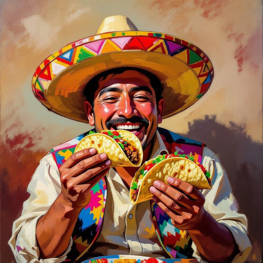 Joyful Mexican Man Eating Tacos in Vibrant Folk Art Style