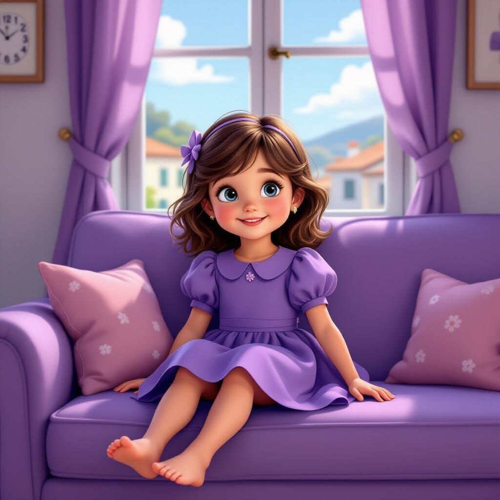 Cheerful Italian Girl on Couch in Cartoon Style