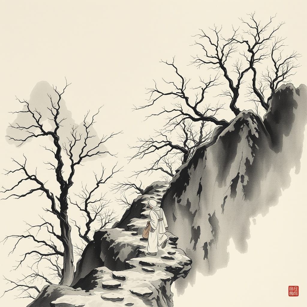 Lone Traveler on Steep Mountain Path in Ink Wash Style