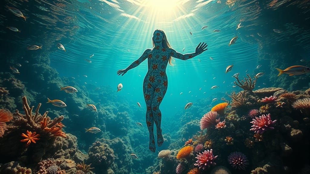 Underwater Fractal Human Swimming Among Coral Reefs