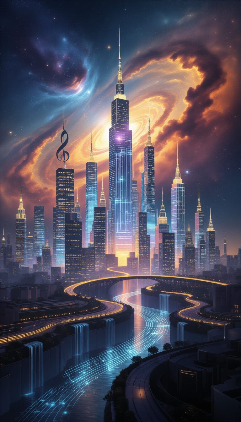 Futuristic City of Luminous Musical Notations