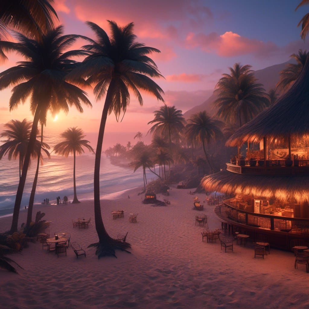 Tropical Beach Sunset: Detailed Fantasy Concept Art