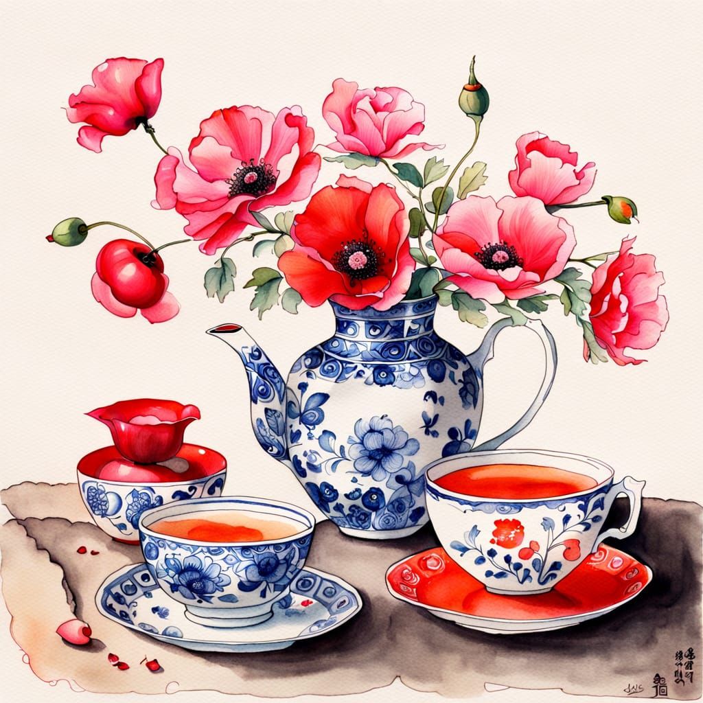 Vibrant Pink Still Life in Oriental Style with Poppy and Ros...