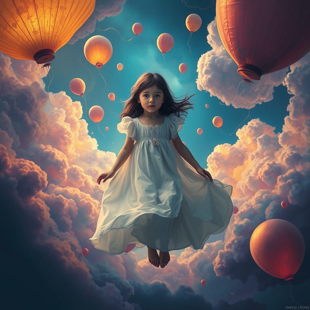 Floating Girl in Dreamlike Landscape with Vibrant Clouds and...