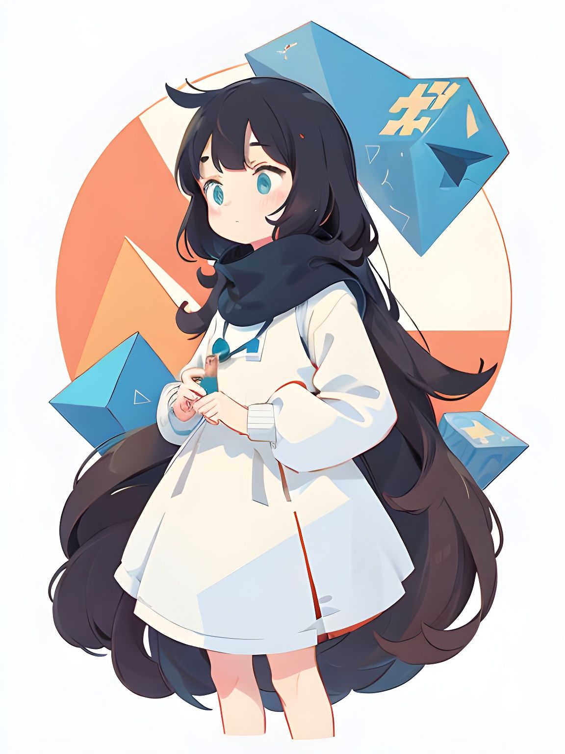 Girl Surrounded by Geometric Shapes in Retro Style