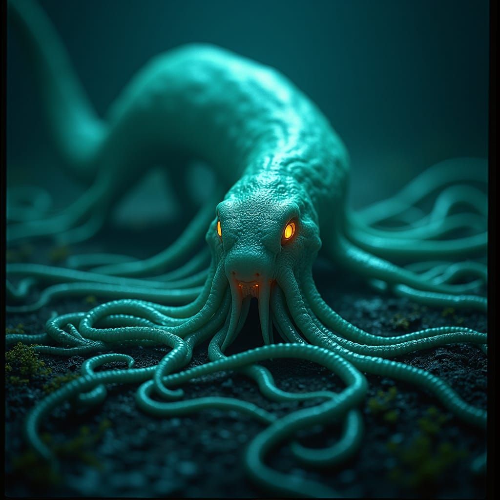 Bioluminescent Serpent Squid Creature Emerges from Darkness